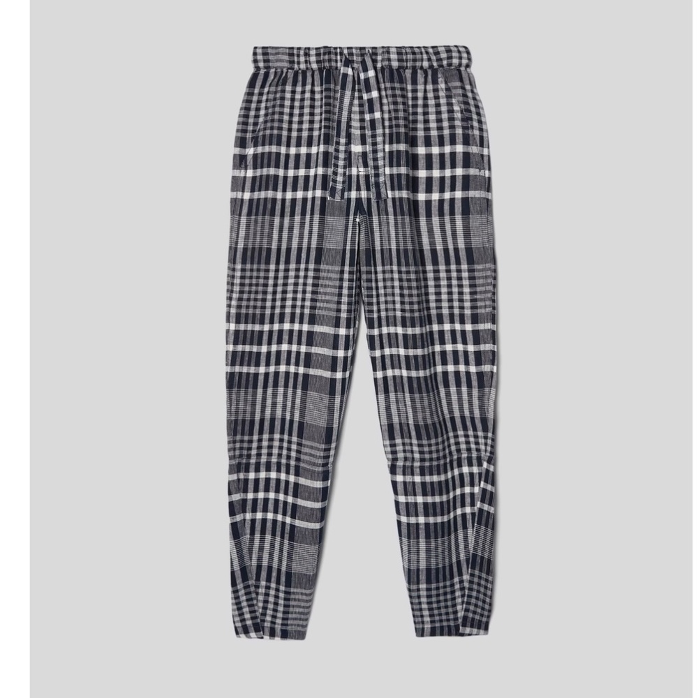 NWT Everlane Women plaid The Linen Pull-On Barrel Pant navy size M